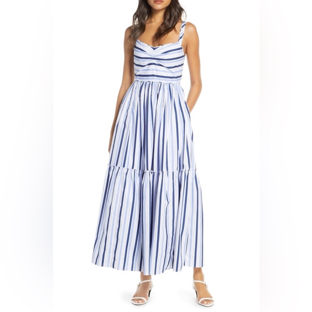 J. Crew Blue and White Striped Tiered Maxi Dress
